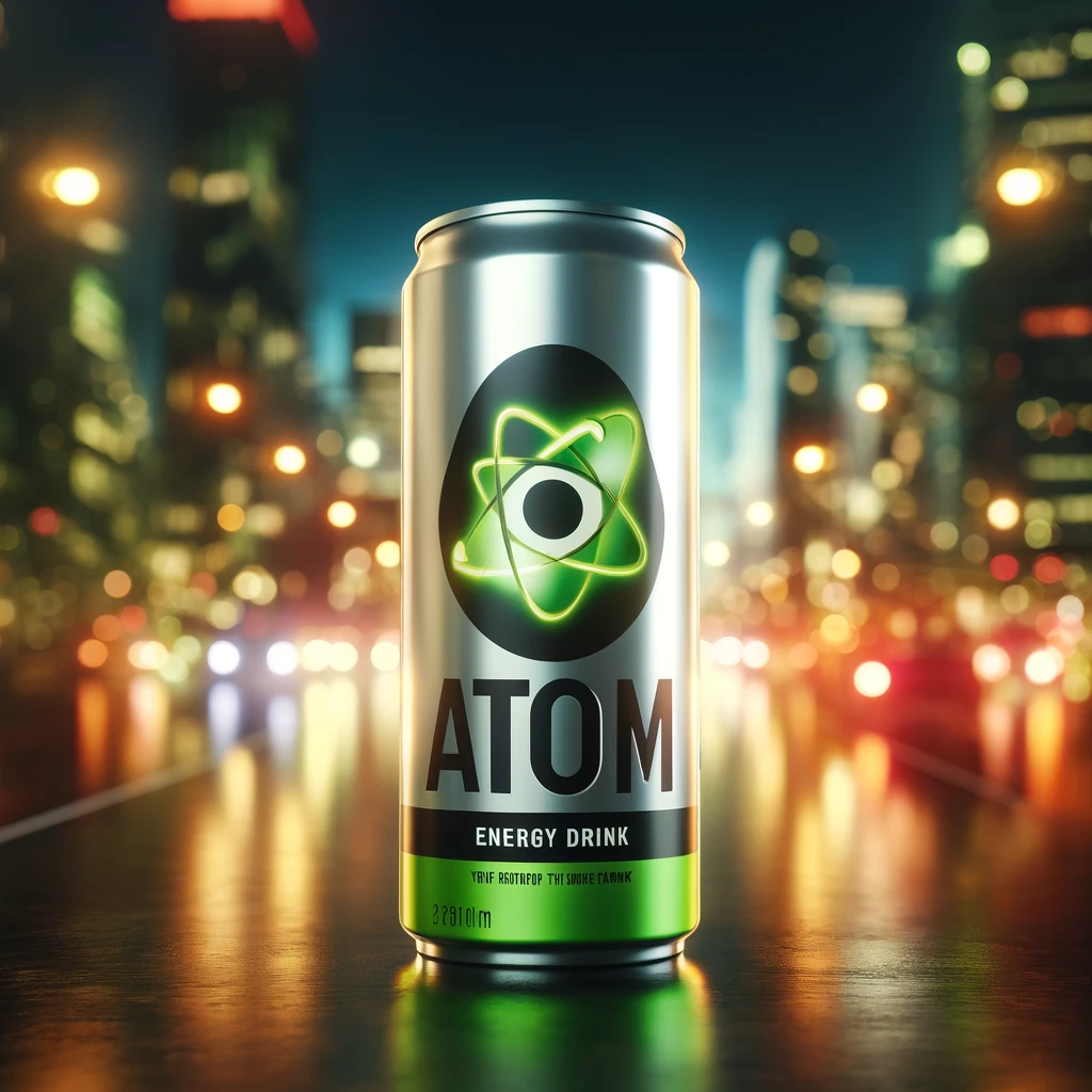 una lata de bebida energetica de la marca atom
